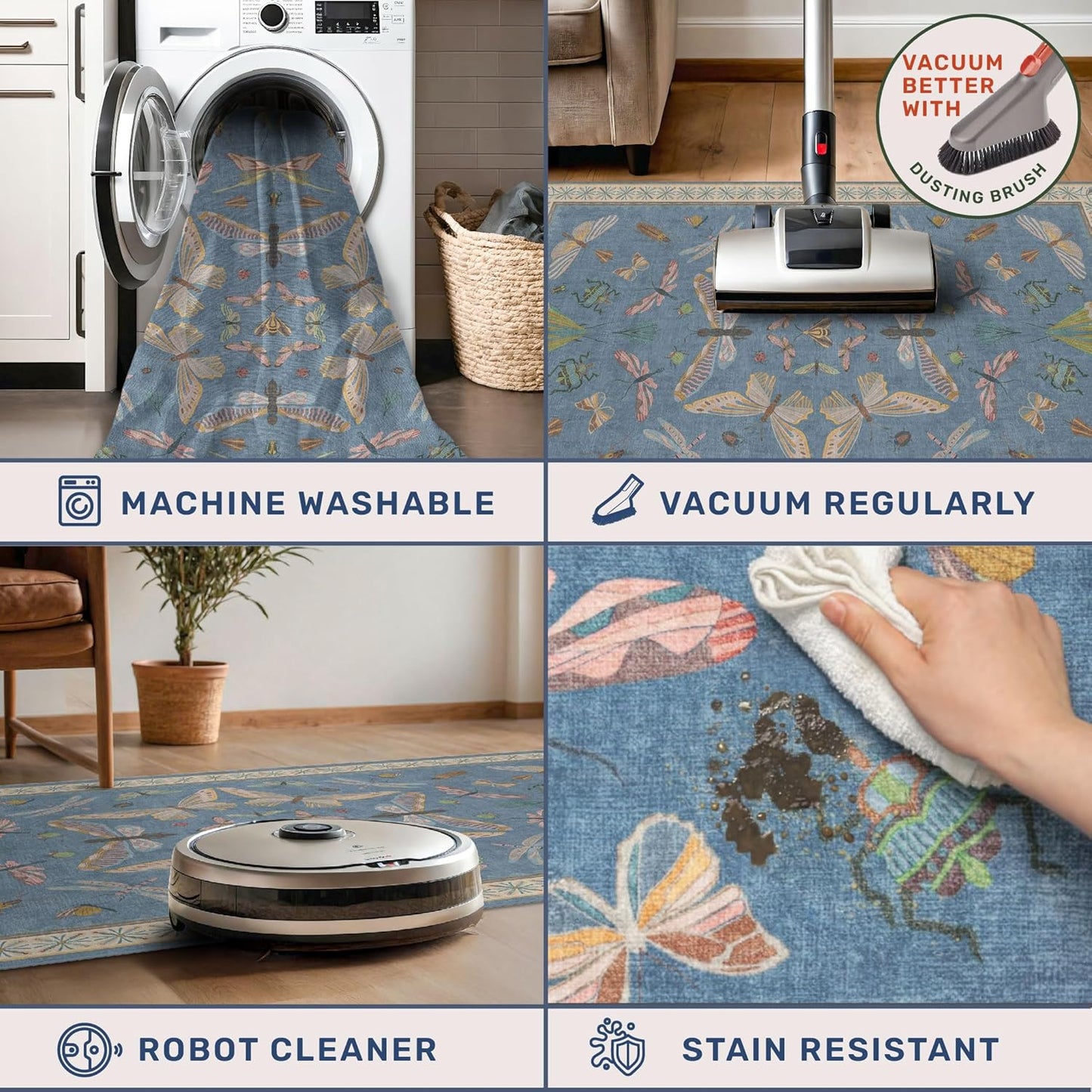 Blue 2x3 Washable Rug for Entryway Indoor, Kitchen Floor, Bathroom, Non Slip Low Pile Stain & Fade Resistant, Waterproof Insect Floral Decor