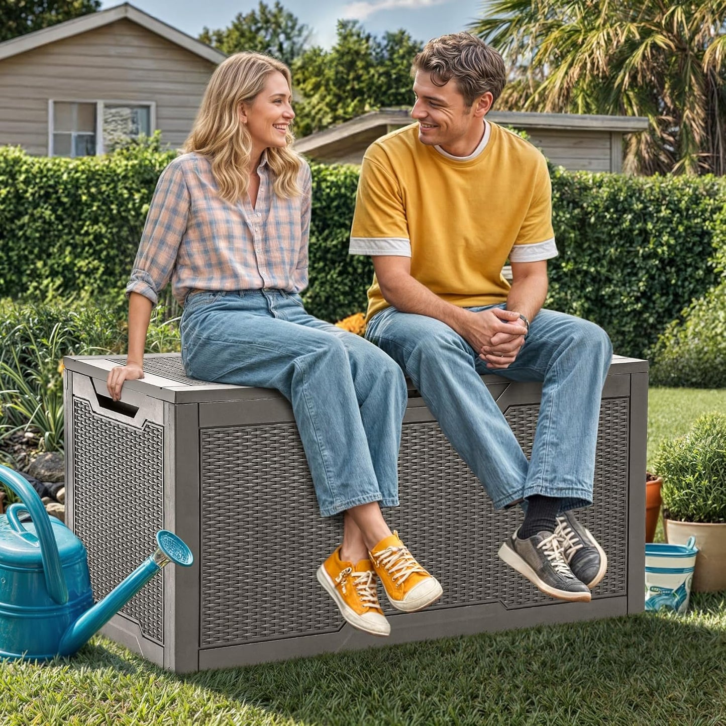 YITAHOME 100 Gallon Outdoor Storage Box, Large Water Resistant Resin Deck Box, Indoor Outdoor Lockable Storage Container for Patio, Garden, Cushions, Tools, Equipment (Taupe)