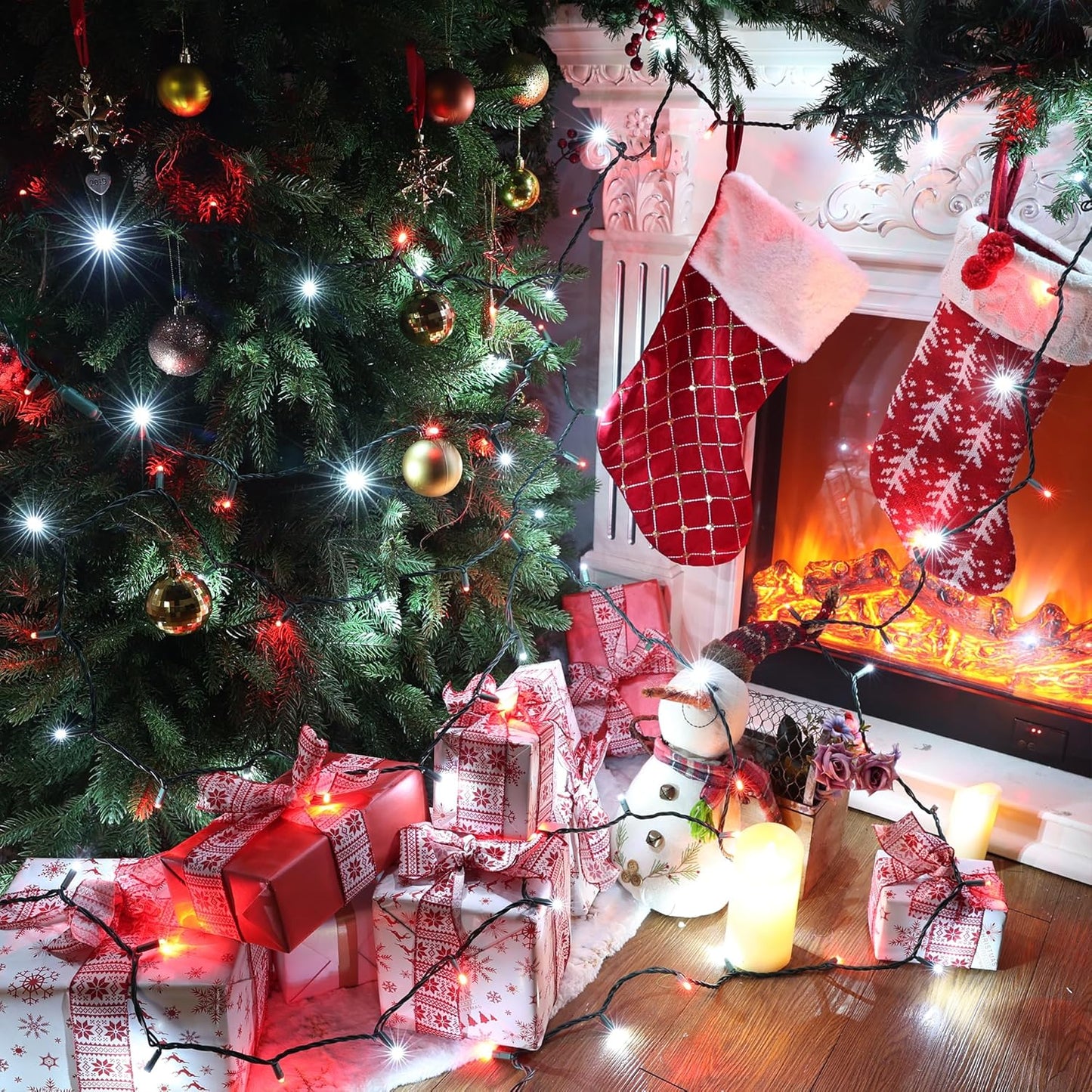 Brizled Red & White Christmas Lights, 33ft 100 LED Christmas String Lights, 5MM Wide Angle Xmas Tree Light Connectable, 120V UL Certified Mini Xmas Light for Indoor Outdoor Tree Room Party, Green Wire