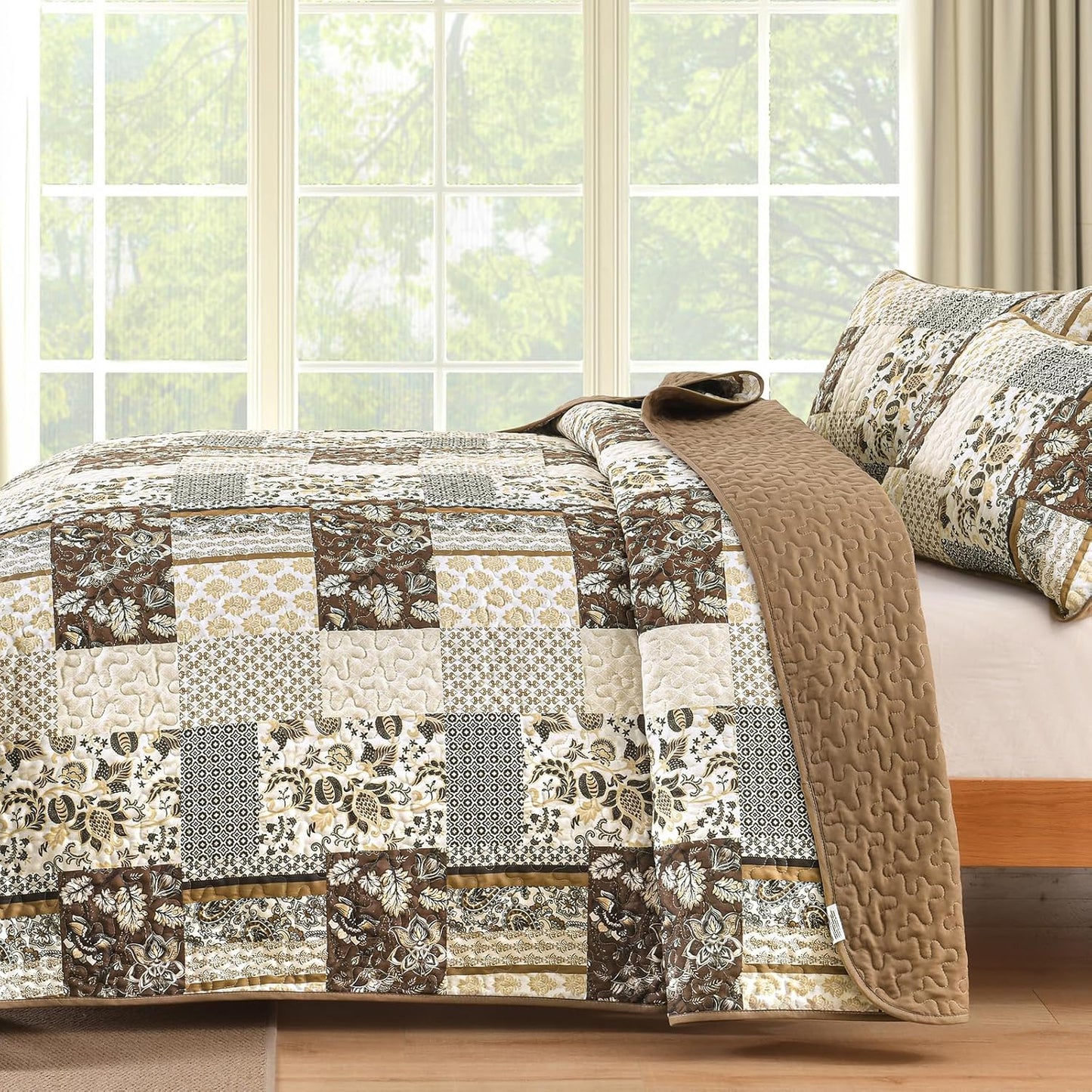 WONGS BEDDING Quilt Set Queen Size Brown, 3 Pieces Patchwork Plaid Bedspread Coverlet Set, Floral Soft Microfiber Bedding Set for All Season(96"×90")