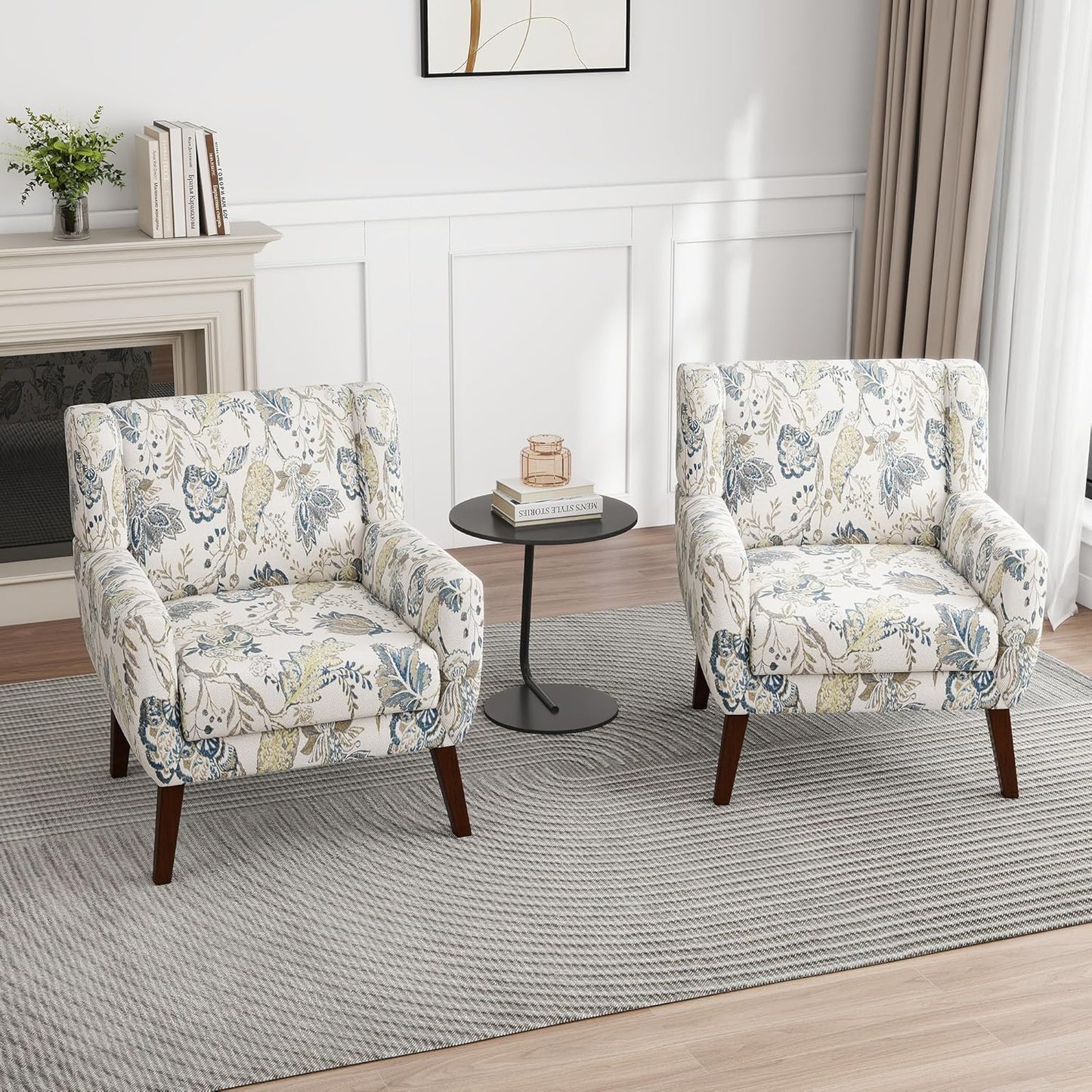 Floral Accent Chair, Modern Upholstered Armchair in Fabric for Living Room, Comfy Club Arm Chairs Single Sofa Button Tufted Bedroom Reading Seat - Pattern Leaf, Set of 1