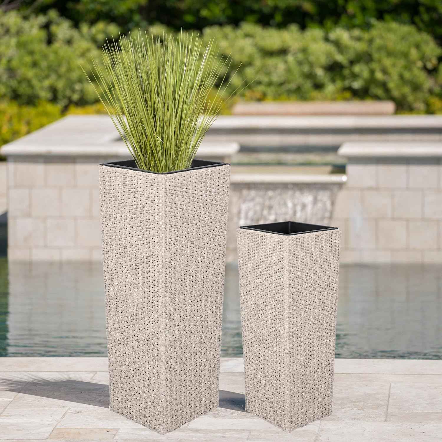 32"H Outdoor Rattan Flower Pots Set of 2,Patio Wicker All-Weather Planter Set,Rattan Plant Pots with Iron Frame for Herb Garden,or Indoor Decor,Large & Small Sizes, No Assembly Required Beige