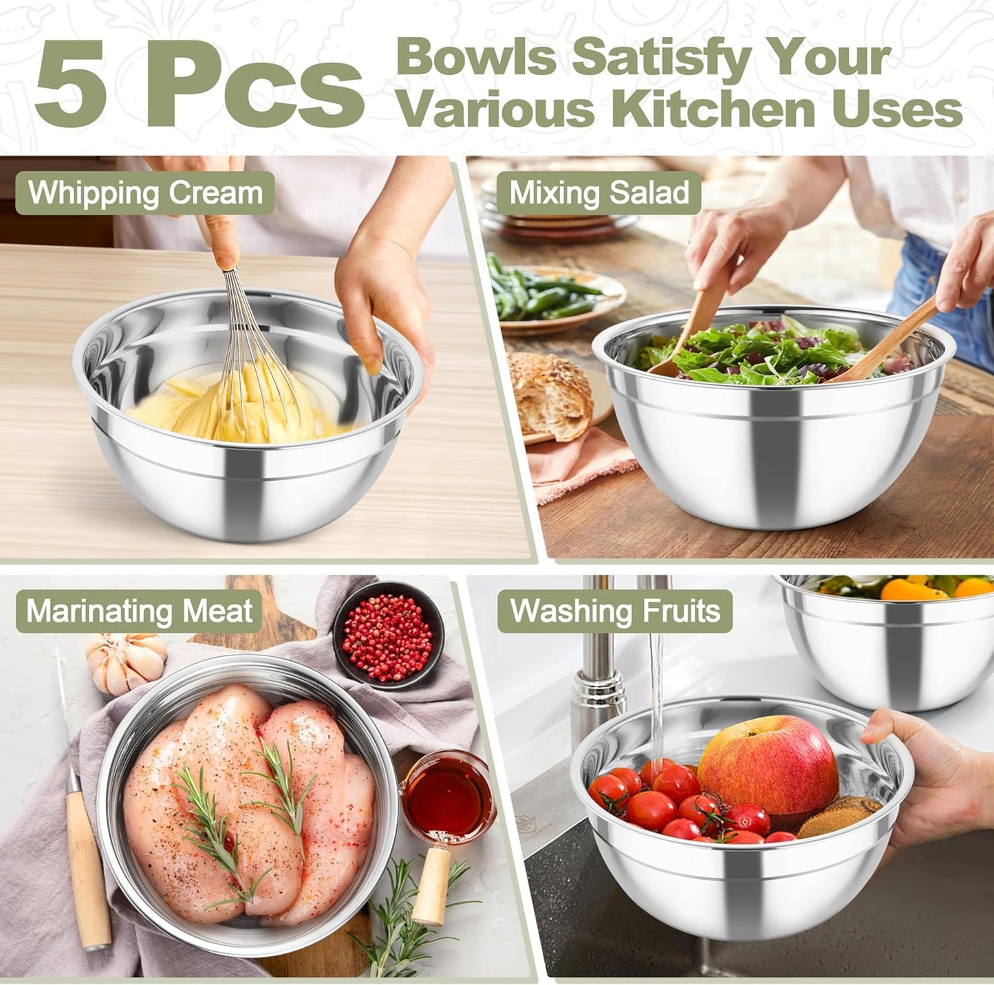 TeamFar Mixing Bowls, Stainless Steel Salad Serving Bowl with Clear Lids & 3 Graters, For Kitchen Cooking Prepping Storing, Size 4.6/2.6/1.5/1/0.7 QT, Nesting & Airtight, Set of 5 & Khaki