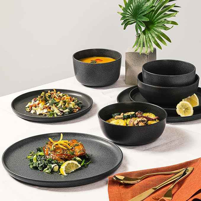 Gibson Elite James Street Stoneware Matte Reactive Double Bowl Dinnerware Set - Truffle Grey, Service for 4 (16pcs)