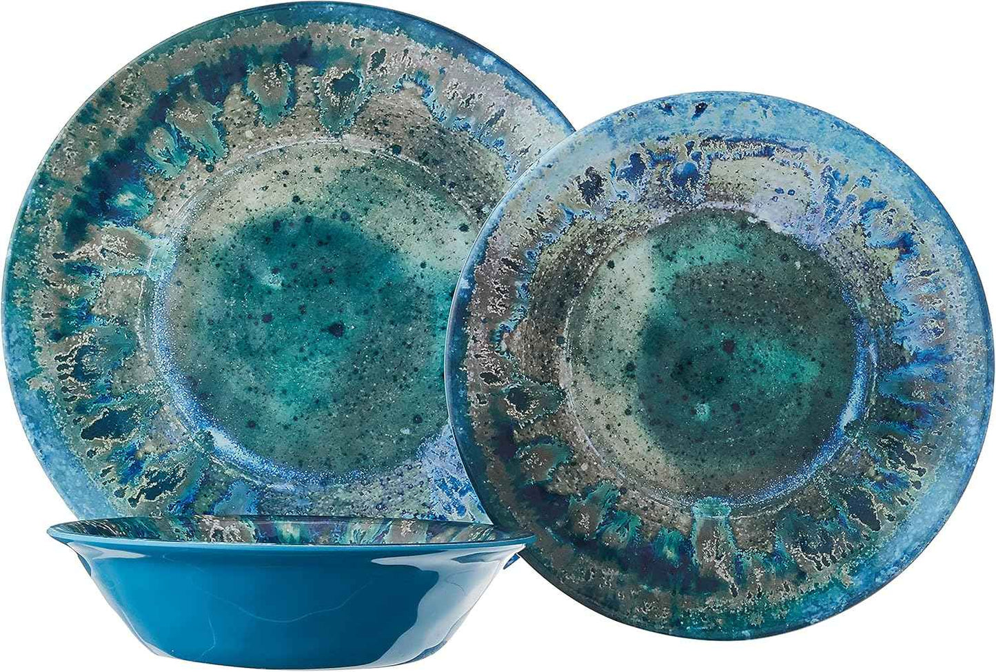 Radiance Teal 12pc Melamine Dinnerware Set – Service for 4 Plates and Bowls Set, Outdoor Dinnerware, Coastal Dishes, Unbreakable, Dishwasher Safe, Heavyweight Melamine, Rustic Look