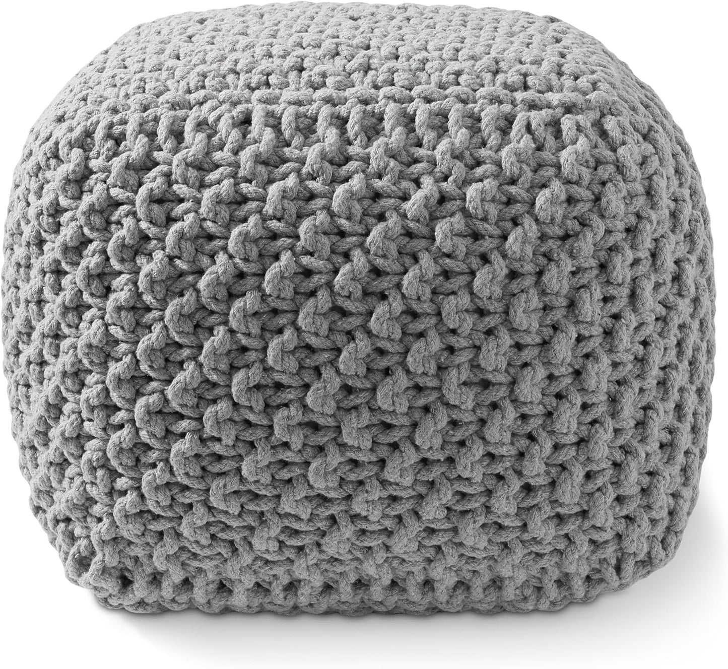 Casafield Square Pouf Ottoman, Light Gray 18.5" W x 18.5" D x 14.5" H Cotton Knit Foot Stool - Boho Floor Pouffe for Living Room, Bedroom, Home Office