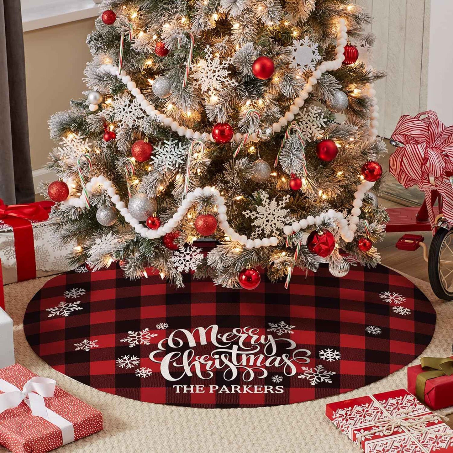 Let's Make Memories Personalized Buffalo Plaid Christmas Tree Skirt - Family Holiday Decor