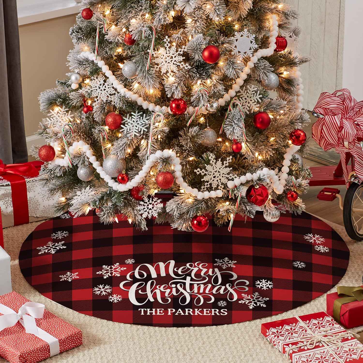 Let's Make Memories Personalized Buffalo Plaid Christmas Tree Skirt - Family Holiday Decor