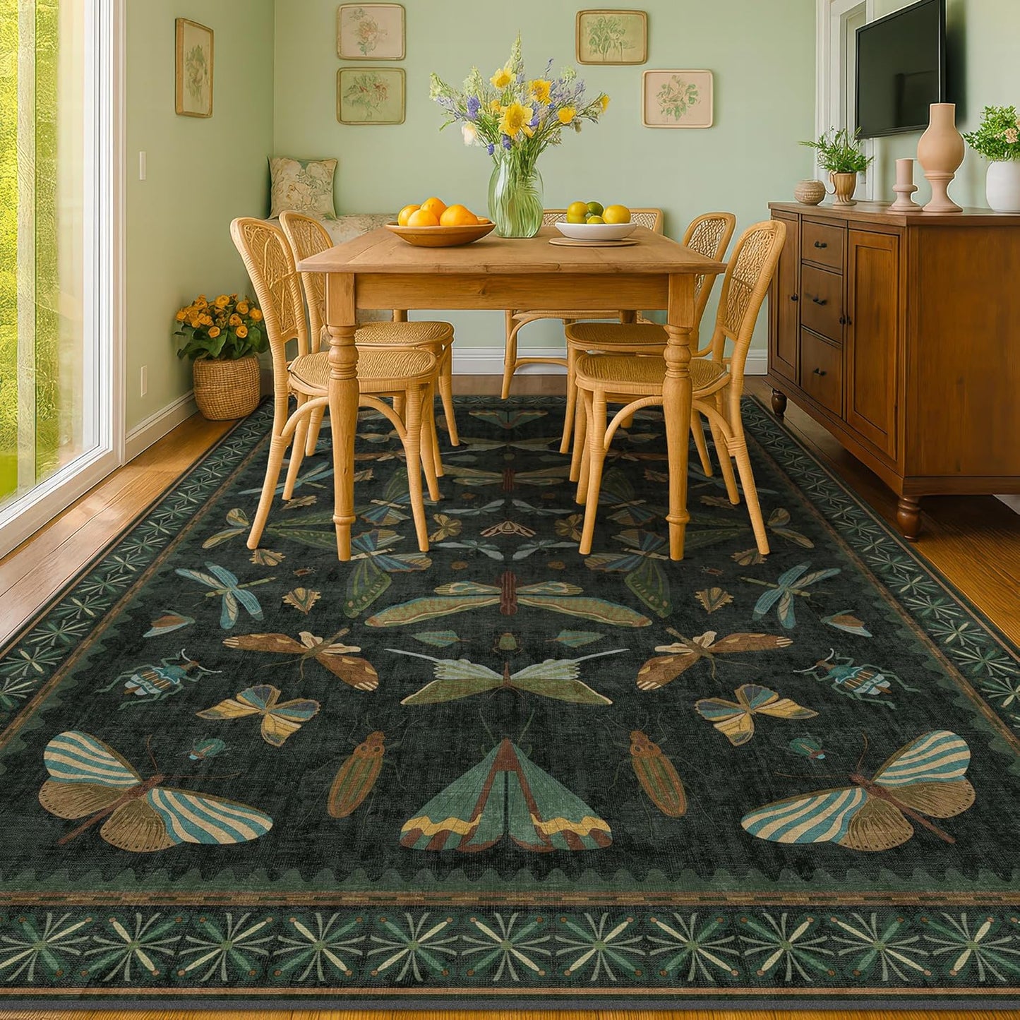 6x9 Dark Green Area Rugs for Dining Room - Rugs for Living Room, Bedroom Under Bed, Insect Moth Floral Non Slip Low Pile Floor Carpet