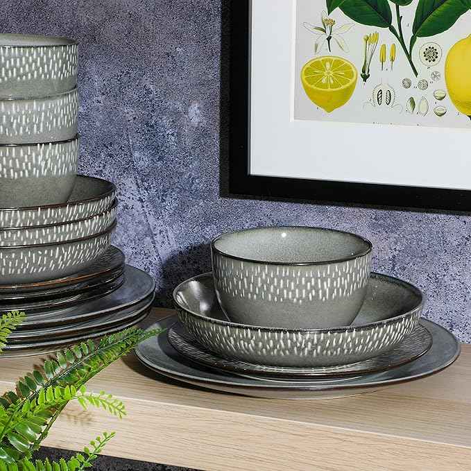 Gibson Elite Matisse 16-Piece Double Bowl Dinnerware Set, Service for 4 – Green Stoneware Plates and Bowls
