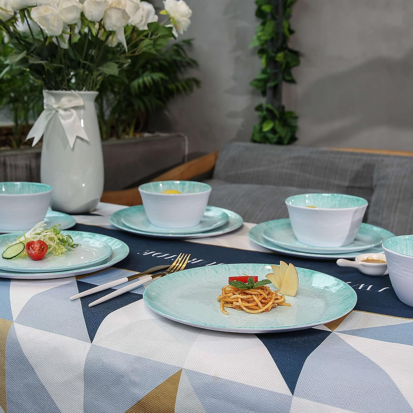Melamine Dinnerware Set – 4 Dinner Plates, 4 Salad Plates, 4 Cereal Bowls – Shatterproof, Lightweight & Stylish for Everyday Dining, Outdoor, Camping, and RV Use