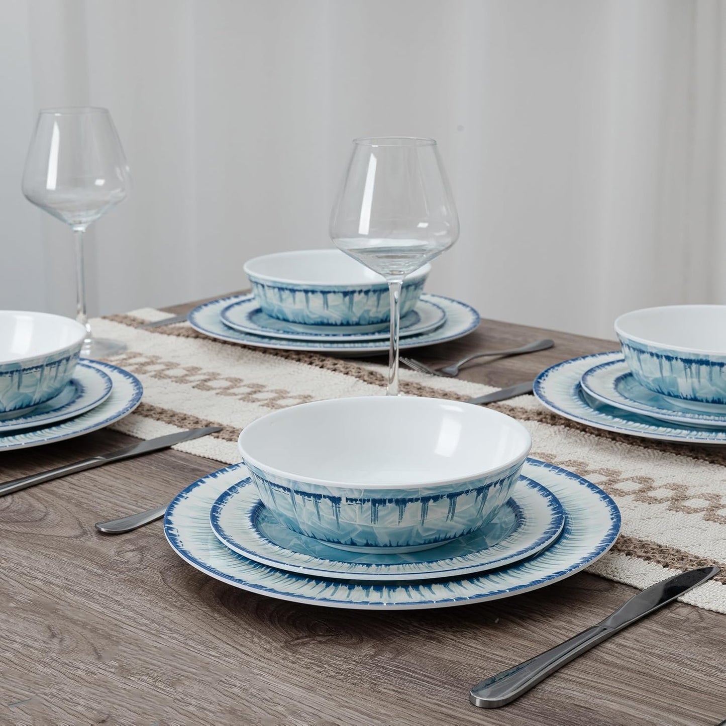 12 Piece Melamine Plates and Bowls Dinnerware Set, Lightweight Unbreakable Modern Dishes Set Great for Outdoor Camping & Everyday Use, Service for 4, BPA Free, Light Blue
