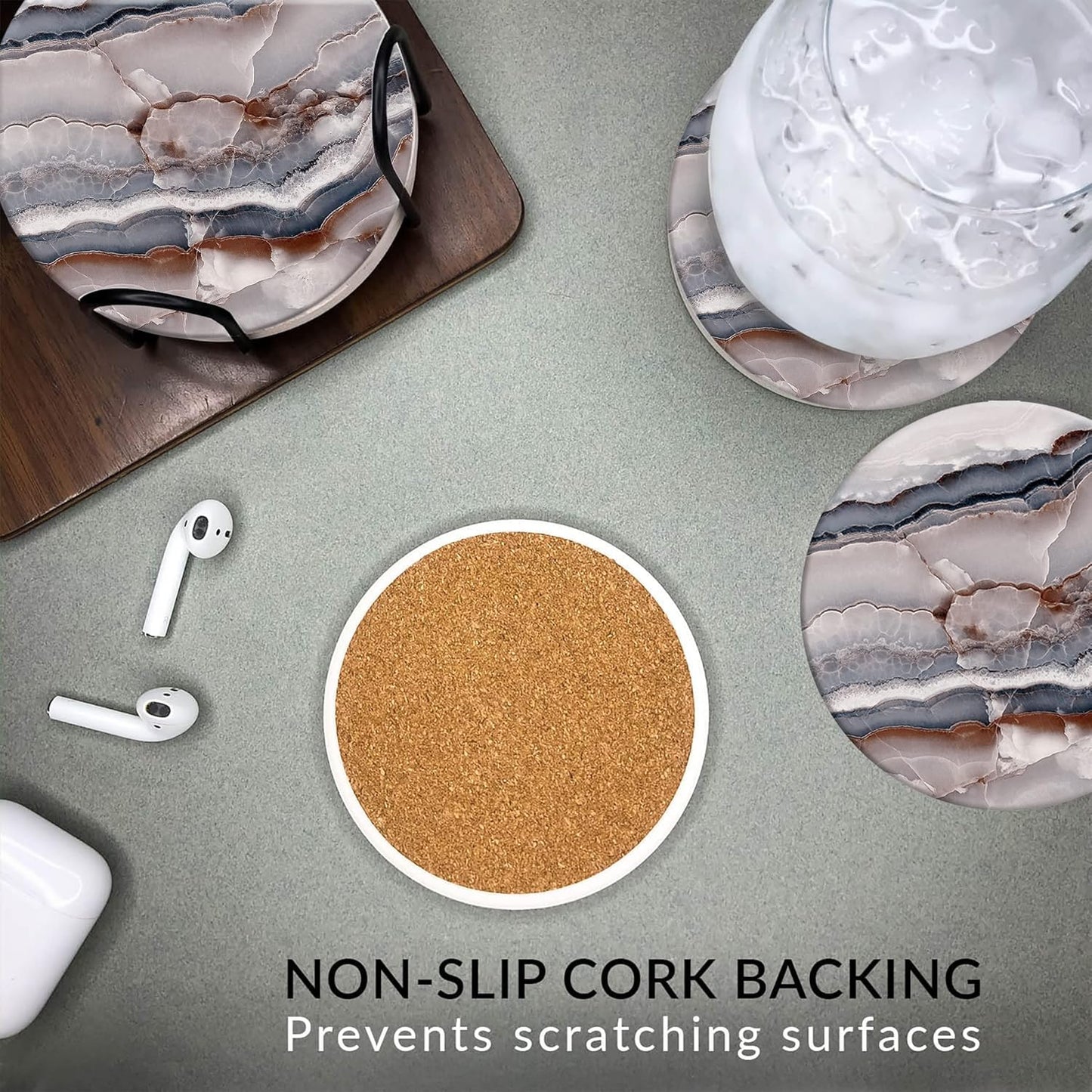 Emerson Coasters for Drinks Absorbent – Natural Stone Drink Coasters Set with Holder, Coasters for Coffee Table, Wooden Tabletop Protection Marble Style – 100% Heavy Duty, Set of 6 (Onyx)