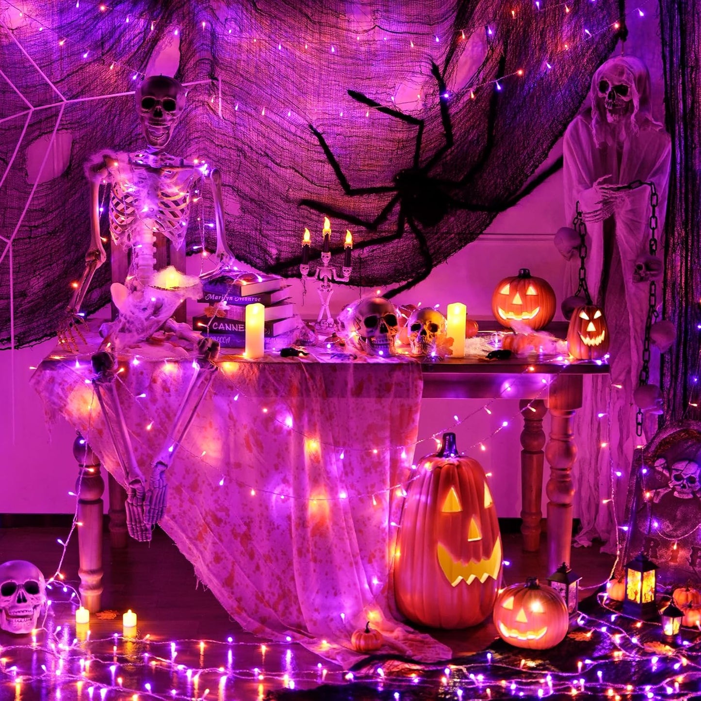 JMEXSUSS 33 FT 100 LED Halloween String Lights Indoor, Orange and Purple Halloween Lights Clear Wire, 8 Modes Outdoor Waterproof Christmas String Light Plug in