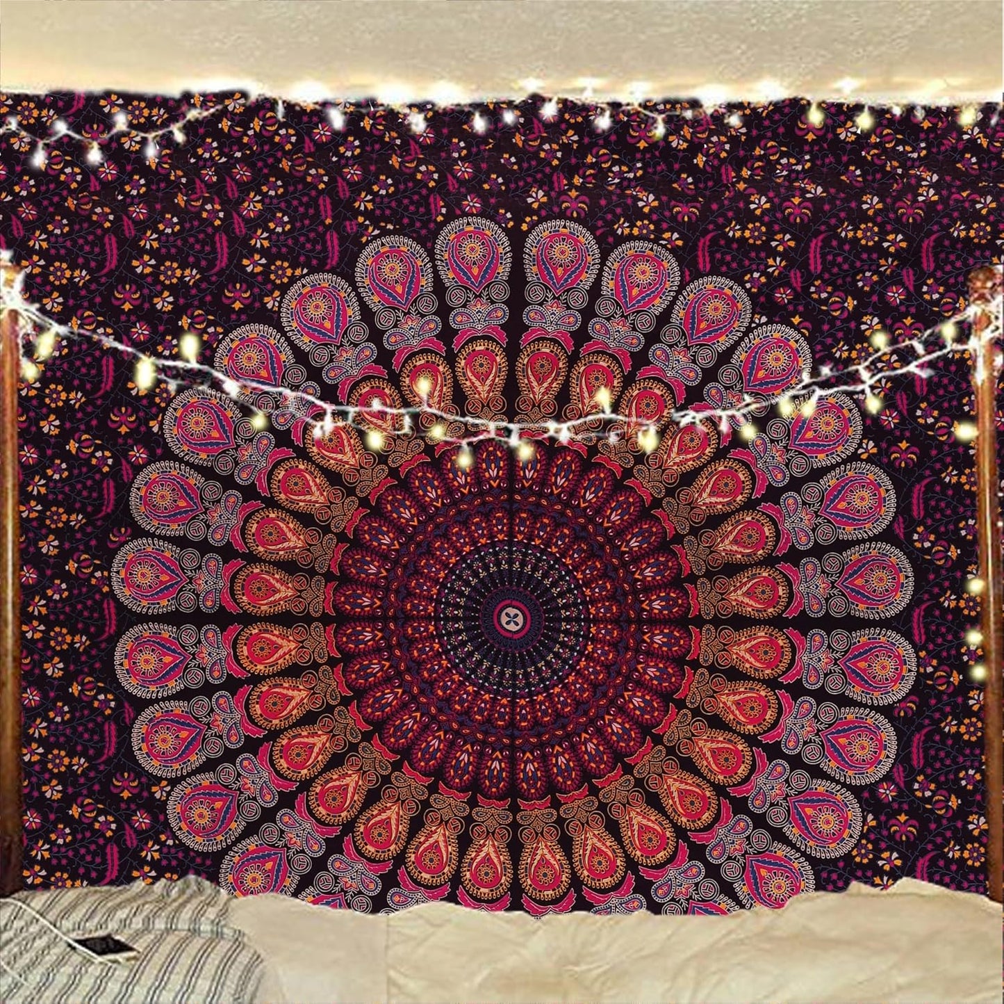 Bless International Handmade Indian hippie Bohemian Psychedelic Peacock Mandala Wall hanging College Dorm Beach Throws Table Cloth Bedding Tapestry (Golden Pink Blue, Medium(54x60Inches)(137x152cms))