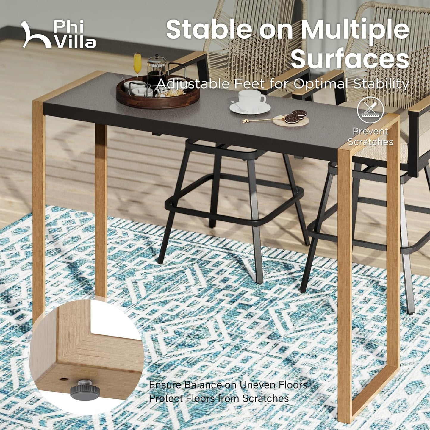 PHI VILLA 3 Piece Outdoor Bar Set, Bar Height Patio Table and Chairs with Brown Padded Textilene Fabric & Rustproof Metal Frame for Backyard, Balcony, Garden & Poolside