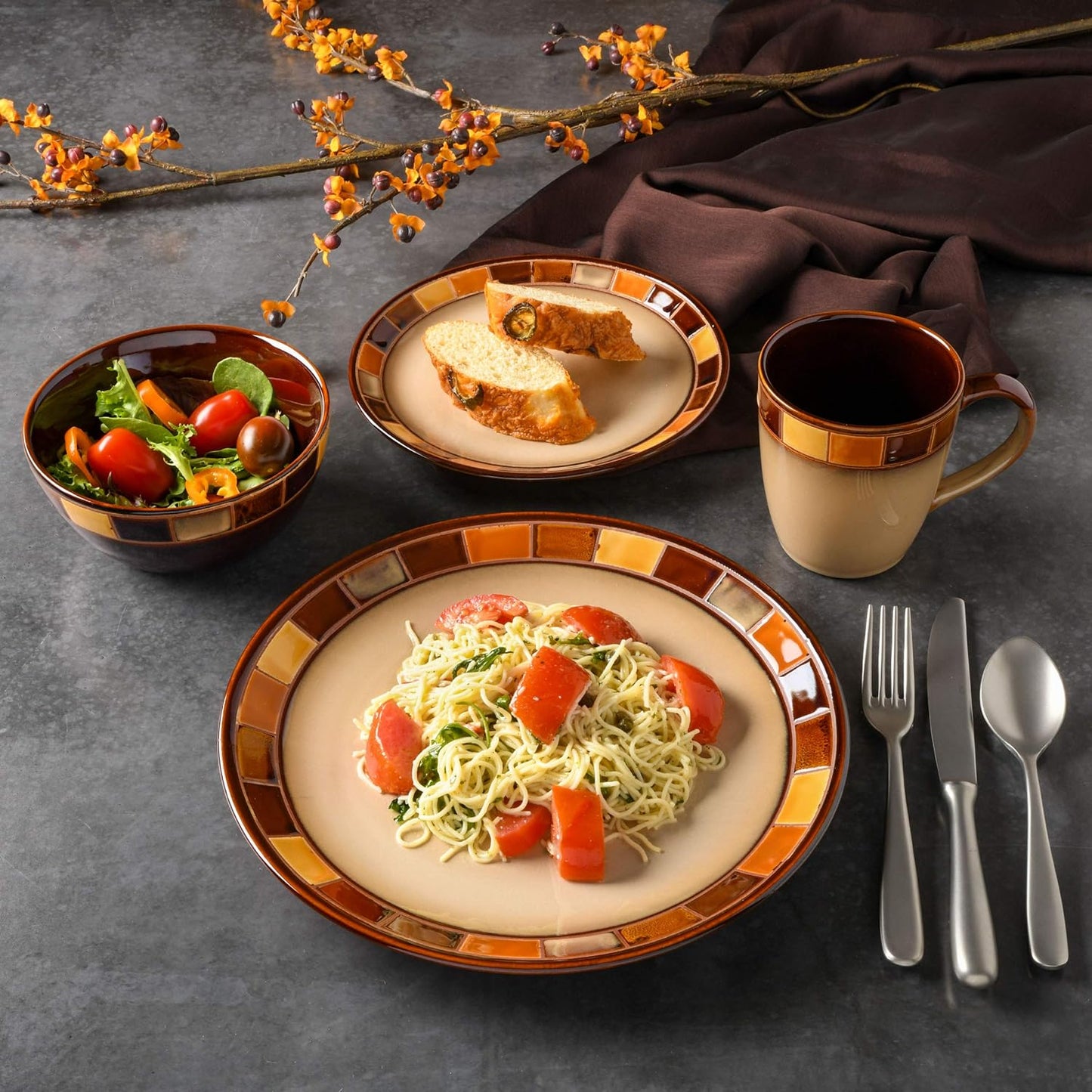 Gibson Casa Estebana 16-Piece Dinnerware Set, Service for 4 – Beige and Brown Stoneware Plates and Bowls
