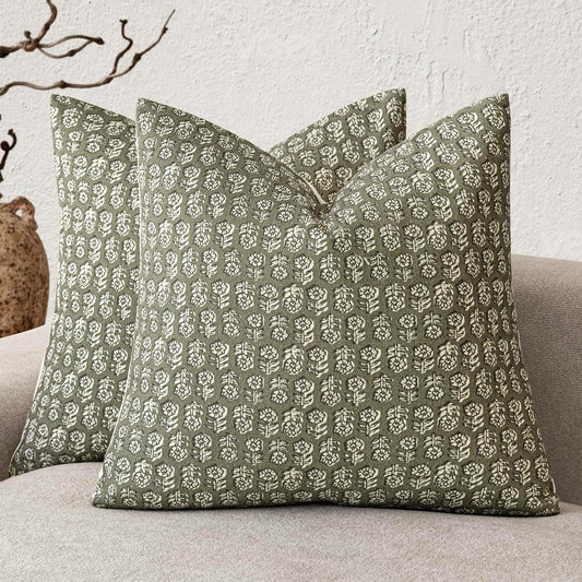 Foindtower Set of 2 Decorative Neutral Floral Print Throw Pillow Covers Vintage Accent Farmhouse Cushion Covers Boho Home Decor for Sofa Couch Chair Bedroom Living Room Outdoor,20×20 Inch,Sage Green