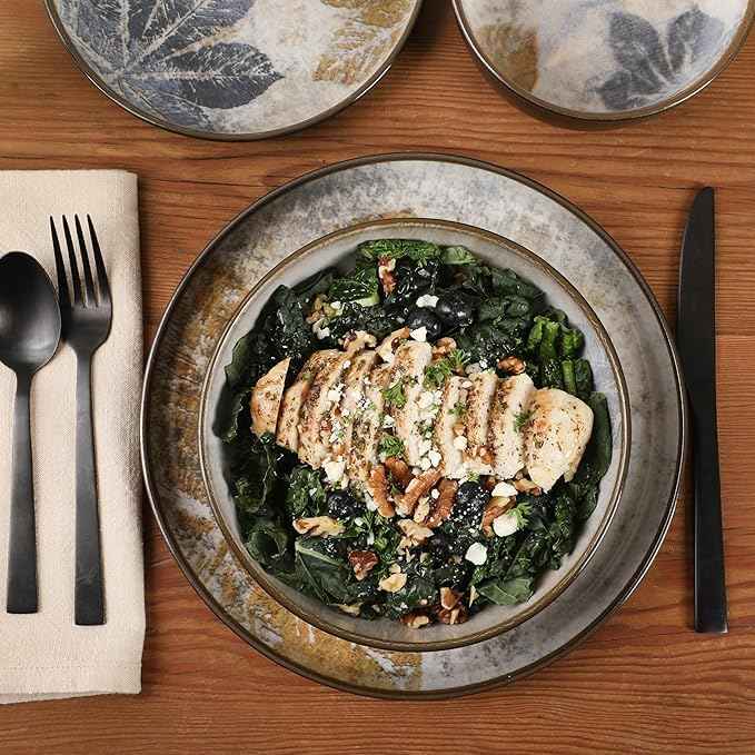 Gibson Elite Chantilly Hill 16-Piece Porcelain Dinnerware Set, Round Plates & Bowls, Multicolor Leaf Design, Microwave & Dishwasher Safe, Service for 4
