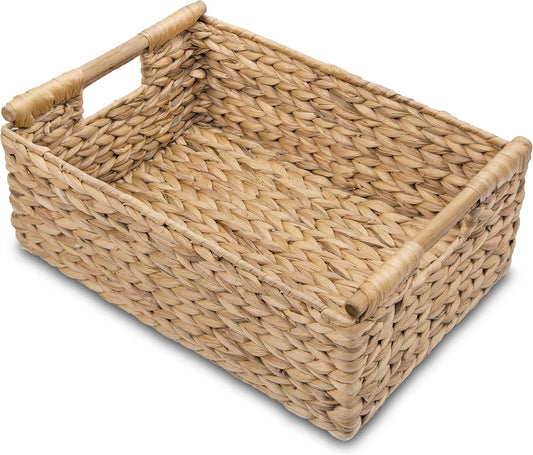 VATIMA Hyacinth Large Wicker Basket 15.5x10.8x6.2" - Rectangular, Wooden Handles, Shelf Organizer