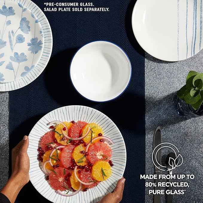 Corelle 18-Piece Dinnerware Set Service for 6, Lightweight Round Plates and Bowls Set, Vitrelle Triple Layer Glass, Chip Resistant, Microwave and Dishwasher Safe, Nautical Stripes