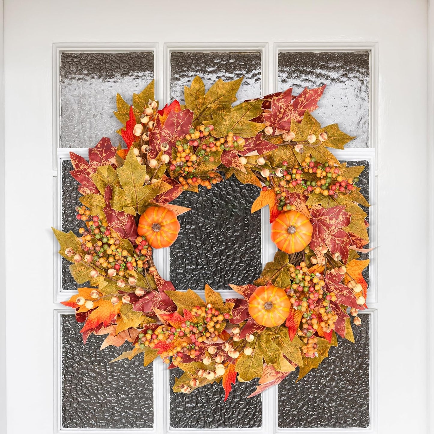 GENMOUS 24 Inch Fall Wreaths for Front Door, Autumn Maple Leaves Wreath for Home Porch Decor, Farmhouse Pumpkin Wreaths for Thanksgiving Halloween Harvest Festival Fall Decoration Outdoor Indoor Home