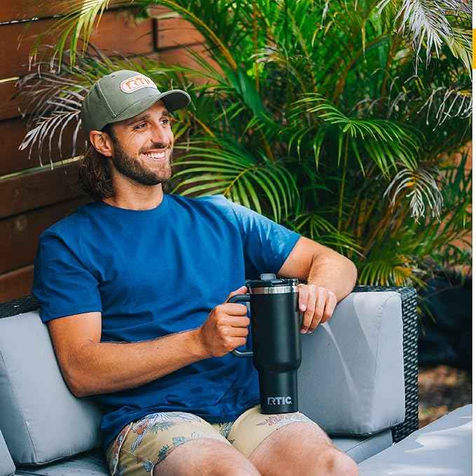 RTIC 40 oz Road Trip Tumbler Double-Walled Cermaic Lined Insulated Stainless Steel Portable Travel Coffee Mug Cup with Lid, Handle and Straw, Beach