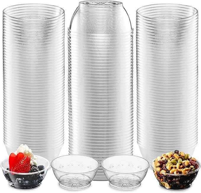 JoyServe Clear Mini Plastic Bowls - (Bulk 100 Pack) 6 Oz Disposable Premium Hard Plastic Dessert Bowls for Serving, Weddings, Catering, Parties, Salsa, Home or Event Party Supplies