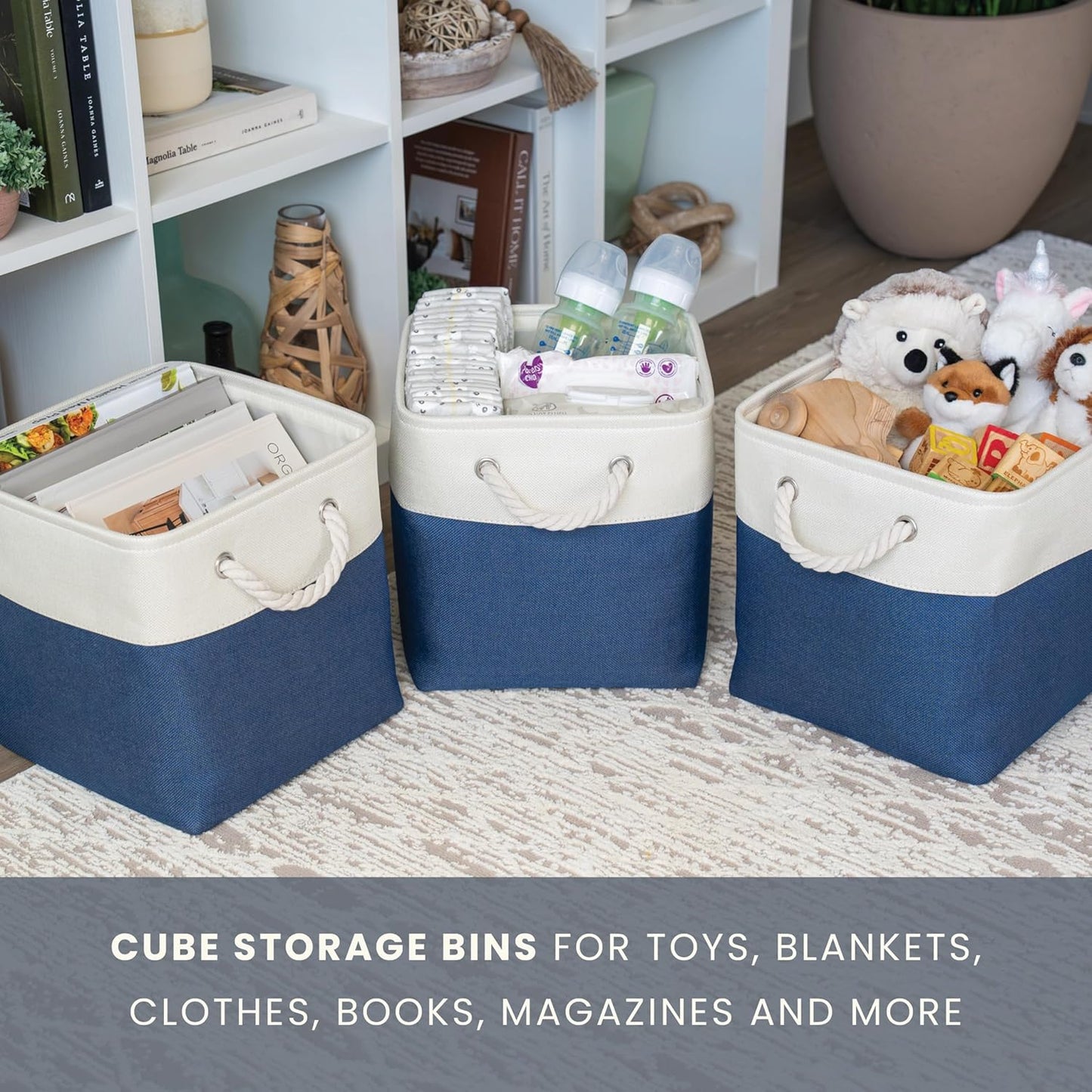 OrganiHaus 12x12 Cube Storage Bins 4 Pack, Foldable Cube Storage Organizer w/ Rope Handles, Collapsible Fabric Bins for Toys, Clothes & Closet Organization, Fabric Square Baskets - Navy Blue