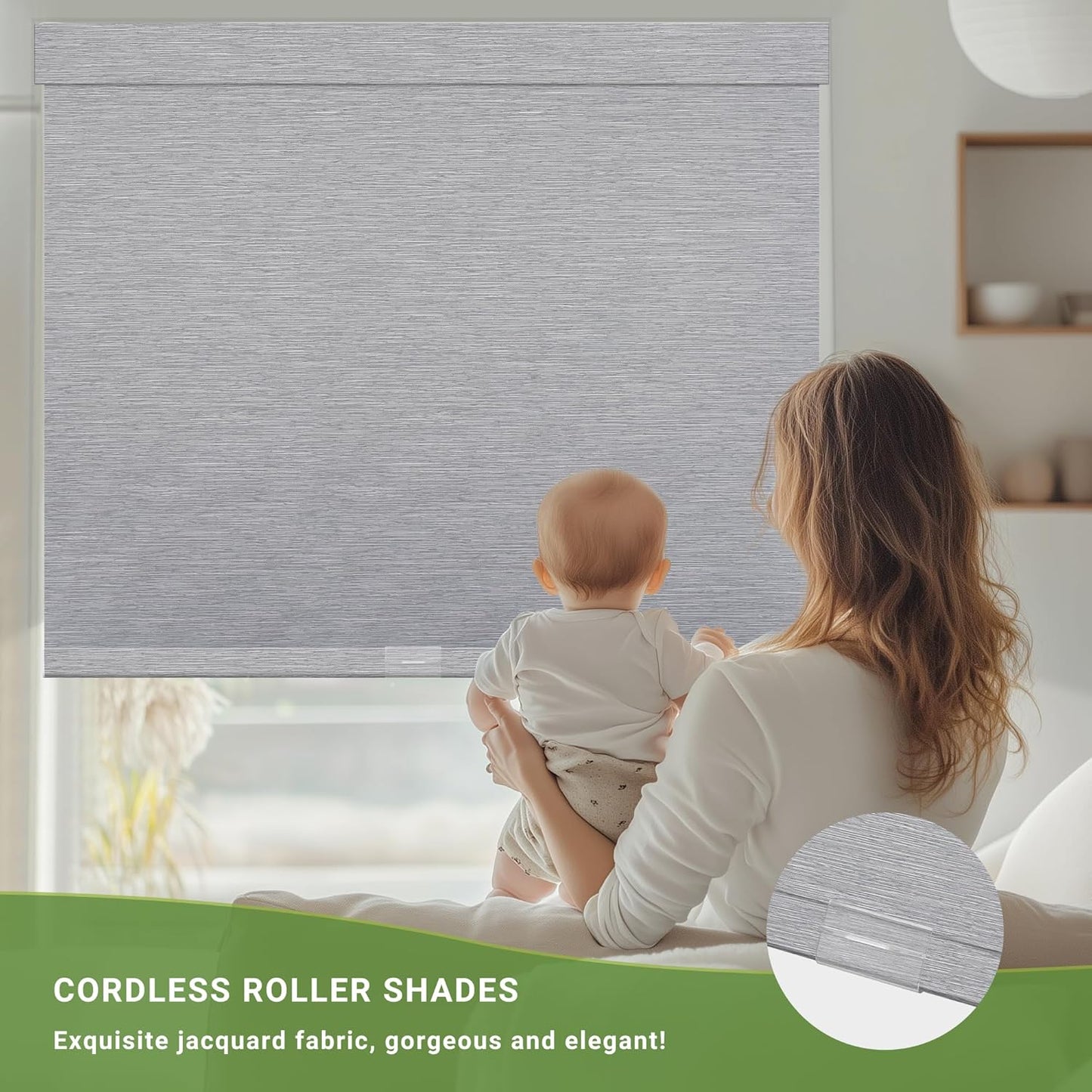 Blackout Roller Shades for Indoor Windows, Cordless Jacquard Fabric-Matched Roller Blinds, Easy to Install Privacy UV Protection Roll Up Blinds for Home Office, Grey, 33" W x 72" H