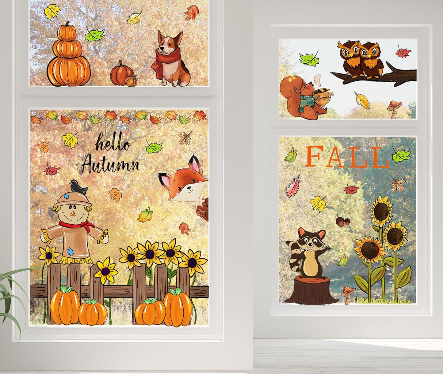 6 Sheets Fall Window Clings Fall Watercolor Pumpkin Maple Leaves Scarecrow Owl Sunflower Window Stickers for Autumn Thanksgiving Harvest Home Window Decals Decor