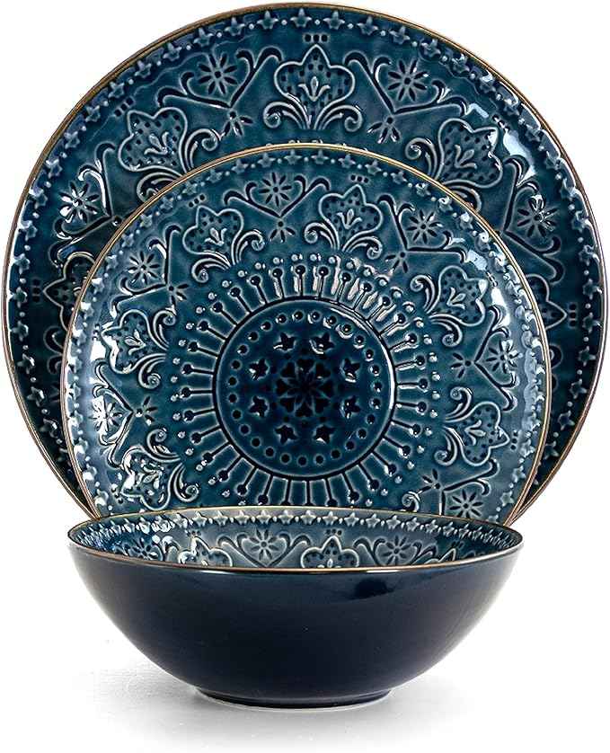 Elama Deepsea Mozaic 16 Piece Round Stoneware Dinnerware Set in Sea Blue