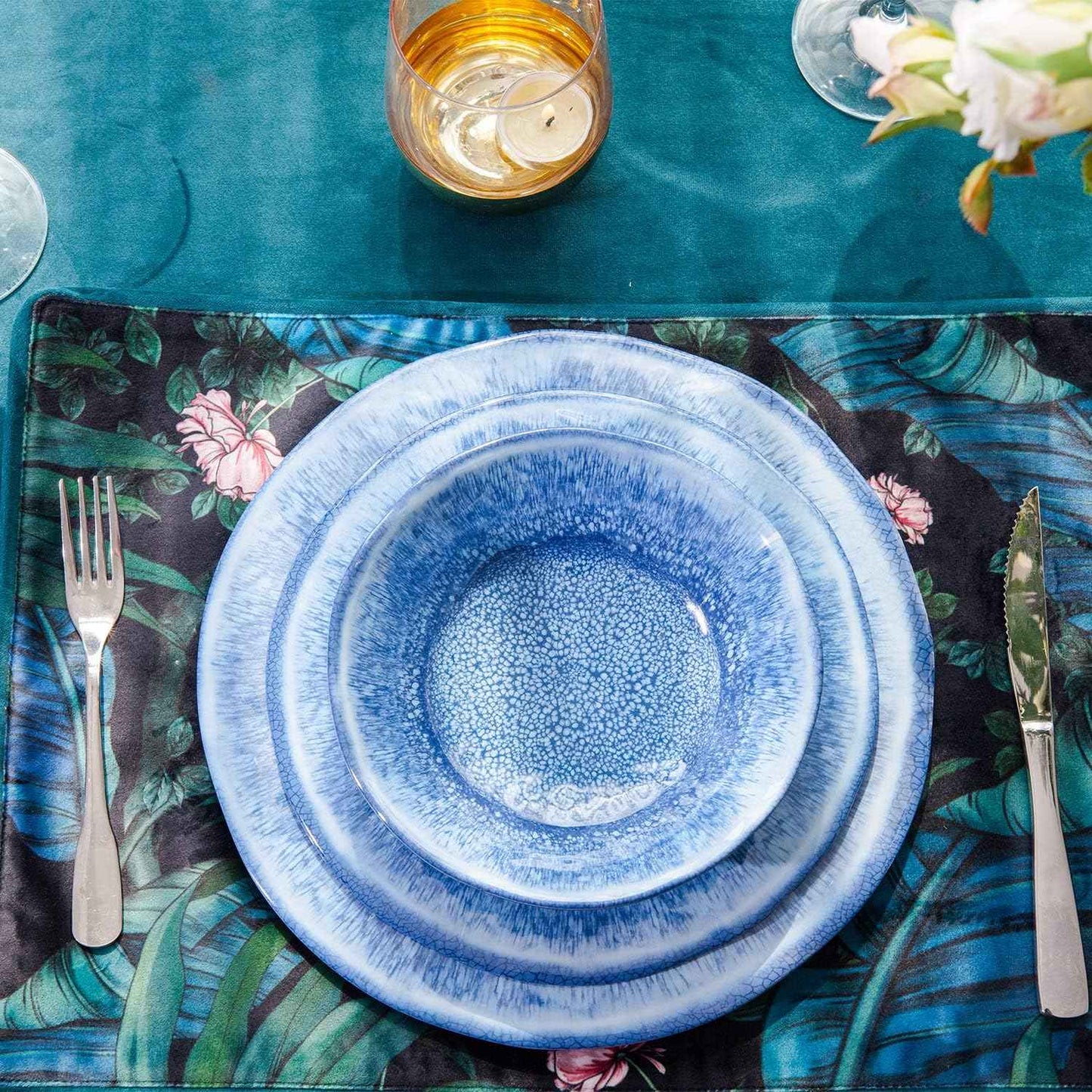 12 Pcs Blue Melamine Dinnerware Set, Shatterproof and Dishwasher Safe, Ideal for Indoor and Outdoor Use