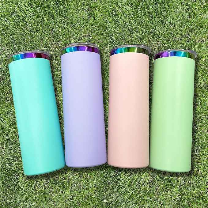 20 oz Skinny Tumblers Stainless Steel Tumbler with Lid and Straw Double Wall Vacuum Insulated Coffee Mug 20oz Powder Coated Cup for Hot and Cold Drinks(Purple,8 pack)