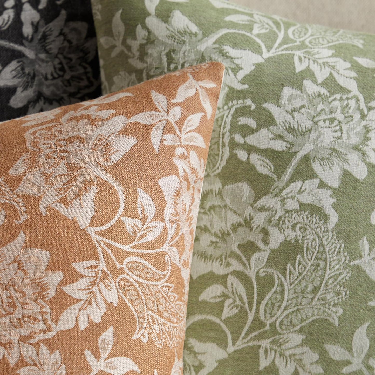 Floral Jacquard Throw Pillow Covers Set of 2, Background/Green 18x18 Inch, Farmhouse Decorative Cotton Sage Green Cushion Covers for Sofa Bed Living Room Home Decor