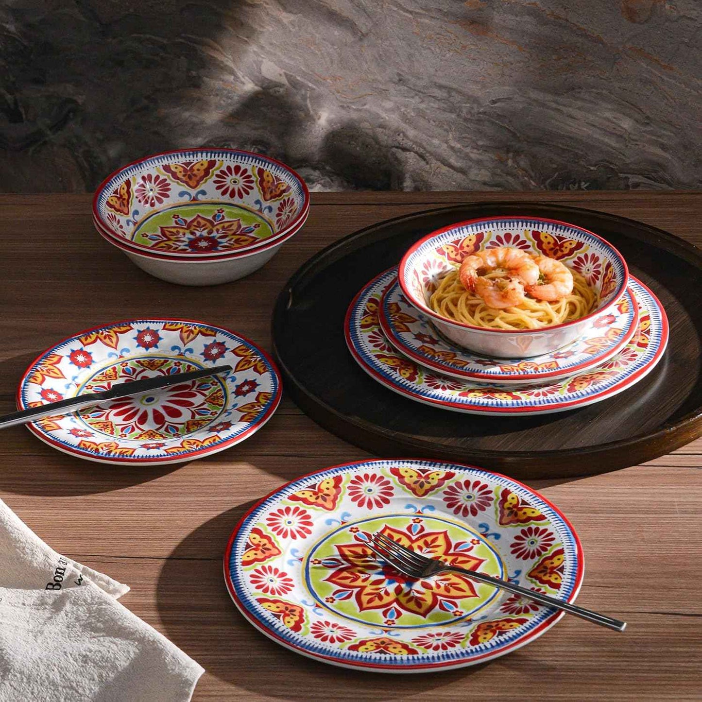 Premium Melamine Dinnerware Sets for 4, 12-Piece Plates and Bowls Sets, Shatterproof & Lightweight Dish Set for Indoor and Outdoor Use, Dishwasher Safe, Boho Red