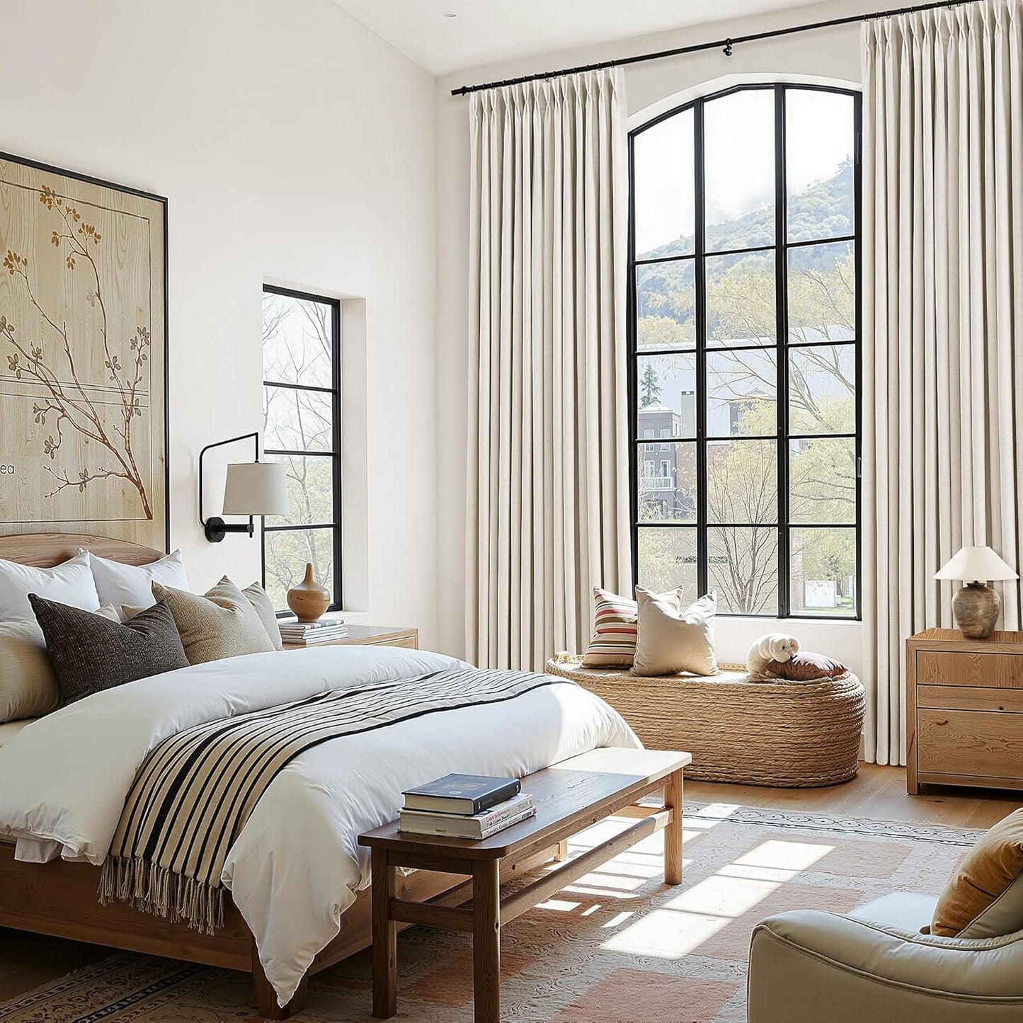 100% Blackout Extra Long Linen Pinch Pleated Curtains 9 Ft Natural Cream Drapes Room Darkening Thermal Insulated with Back Tab, Boho Ceiling to Floor Curtain for Bedroom 2 Panels 108 Inches Long