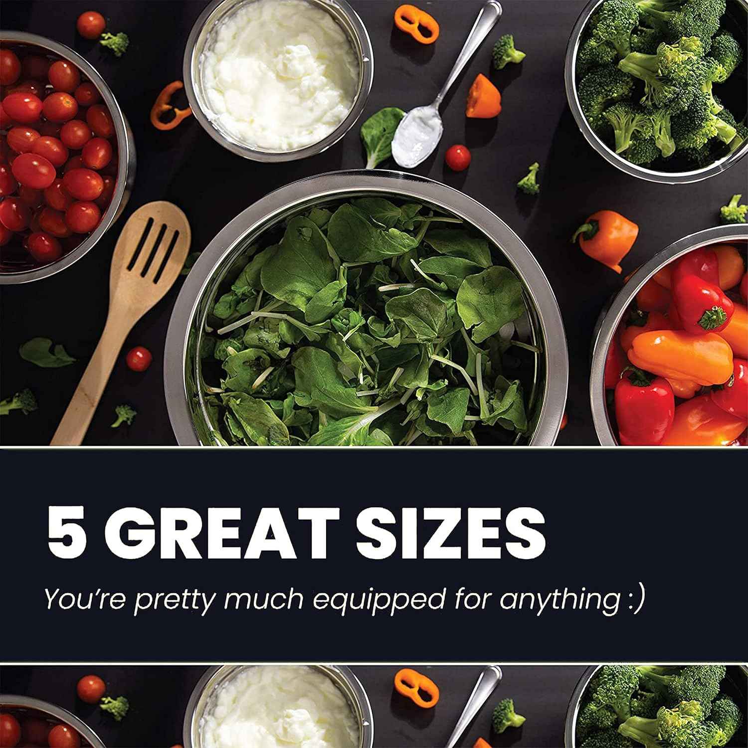 WHYSKO Meal Prep Stainless Steel Mixing Bowl (5-Piece Set) Home, Refrigerator, and Kitchen Food Storage Organizers | Ecofriendly, Heavy Duty, No Lids