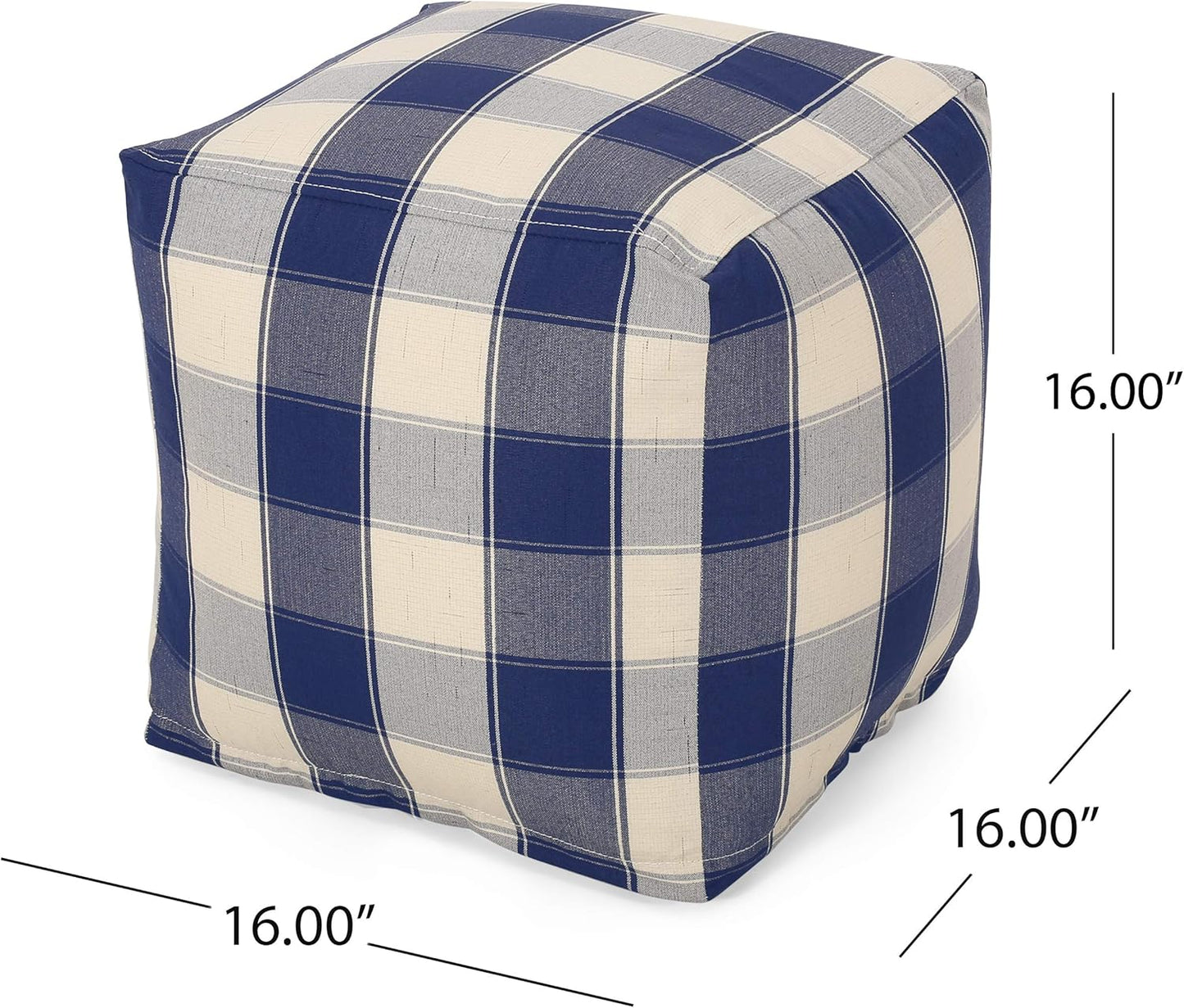 GDFStudio Modern Fabric Checkered Cube Pouf Ottoman Foot Stool - Bean Bag Floor Chair - Foot Rest Couch for Living Room Bedroom,Ivory and Navy Blue,16"" x 16"" x 16"", 313655N