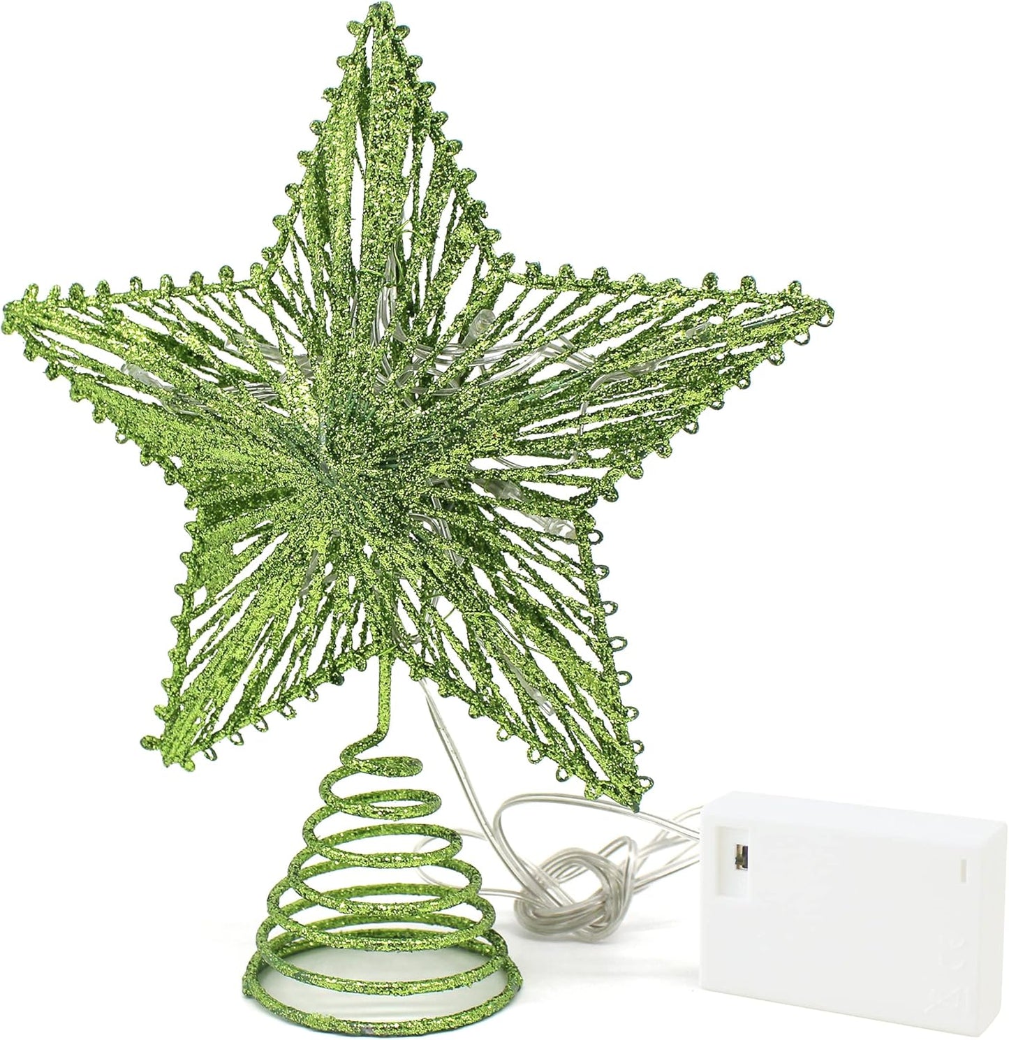 CVHOMEDECO. Green Glittered 3D Tree Top Star with Warm White LED Lights and Timer for Christmas Tree Decoration and Holiday Seasonal Décor, 8 x 10 Inch