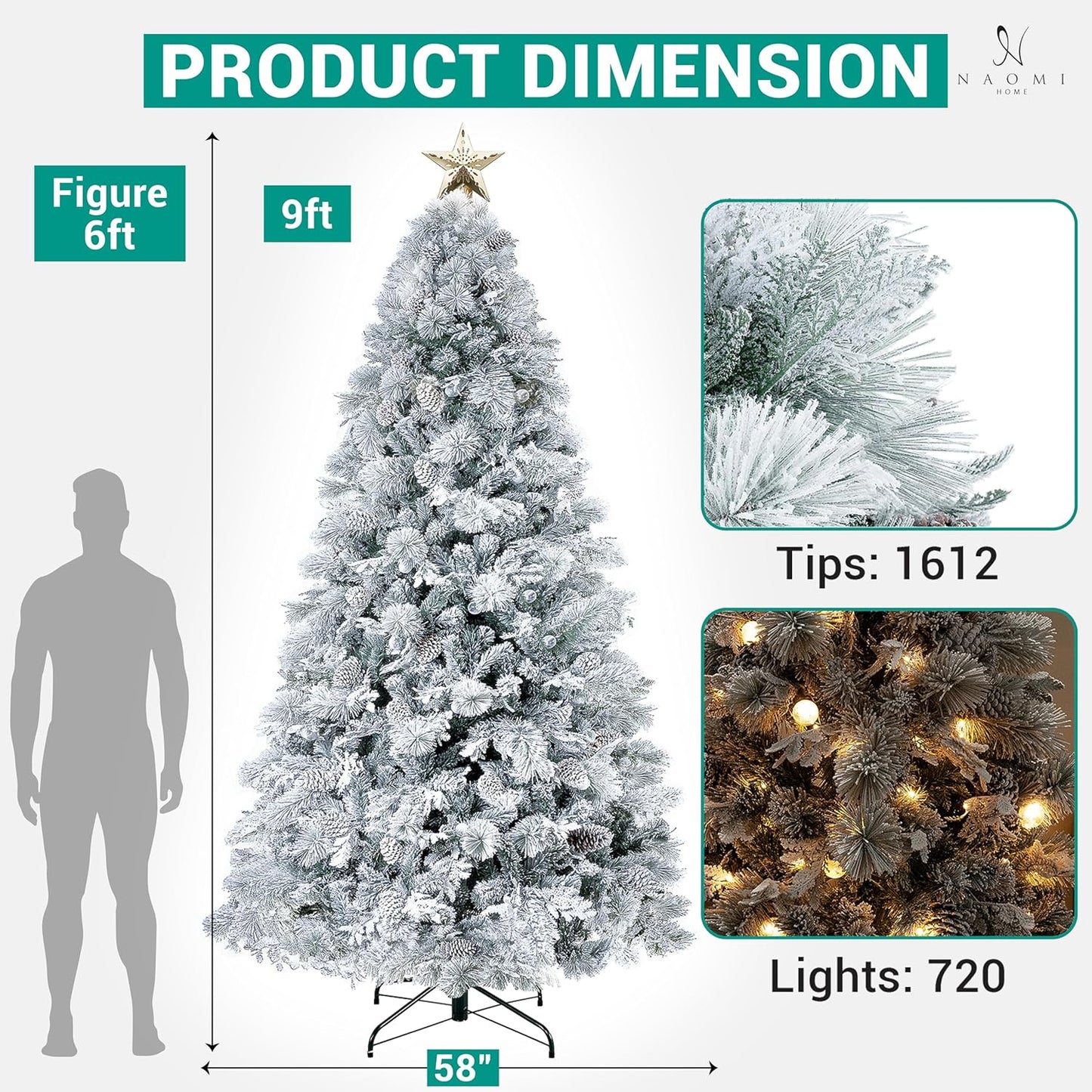 Darla 9ft Snow Flocked Prelit Artificial Christmas Tree with Star Projector, 58 Pine Cones, 1612 Branch Tips, 720 Warm Lights and Metal Stand, 58" Wide Snowy Frosted Pine Christmas Tree with Lights