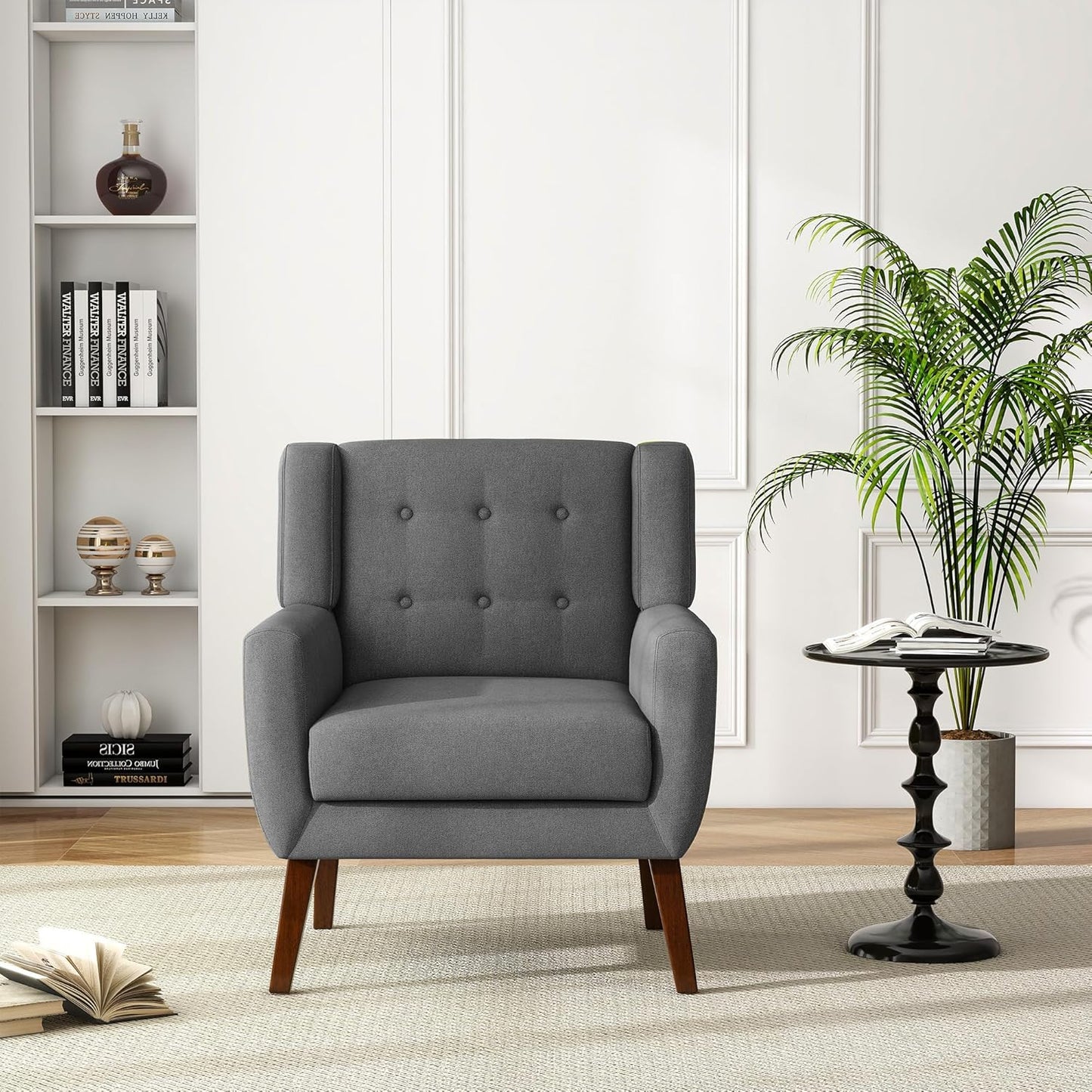 UIXE Accent Chair, Modern Upholstered Armchair in Fabric for Living Room, Comfy Club Arm Chairs Single Sofa Button Tufted Bedroom Reading Seat - Gray, Set of 4