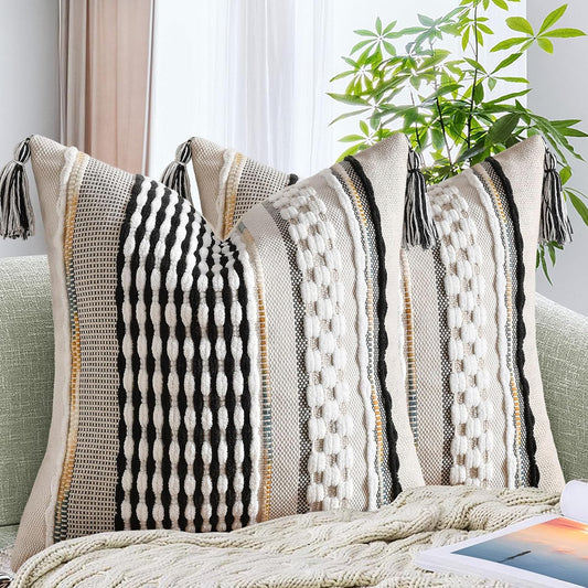 AmHoo Set of 2 Chenille Striped Textured Boho Throw Pillow Covers Aesthetic with Tassels Woven Decorative Pillow Case for Couch Bed Sofa Bedroom Modern Funky 18 x 18-Inch Black