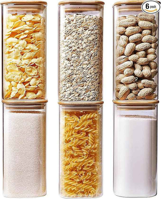 HomArtist Square Glass Jars with Bamboo Lids 30 FL OZ [Set of 6], Glass Canisters with Airtight Lid, Glass Food Storage Container for Pasta, Flour, Sugar, Rice, Best for Kitchen & Pantry