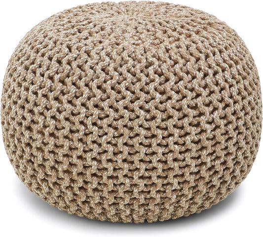 REDEARTH Round Pouf Ottoman - Hand Knitted Cable Boho Poof Home Décor Pouffe Circular Footrest for Living Room - Nursery - Bedroom - Lounge 100% Cotton (18”x18”x14”) - Beige Ivory
