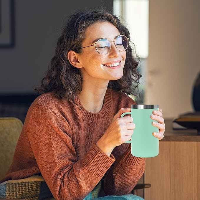DOMICARE 24oz Mug with Handle and Lid, Stainless Steel Coffee Mug, Reusable Insulated Cup, Travel Mug with Handle, Double Wall Vacuum Coffee Tumbler for Men and Women, Mint Green, Pack 1