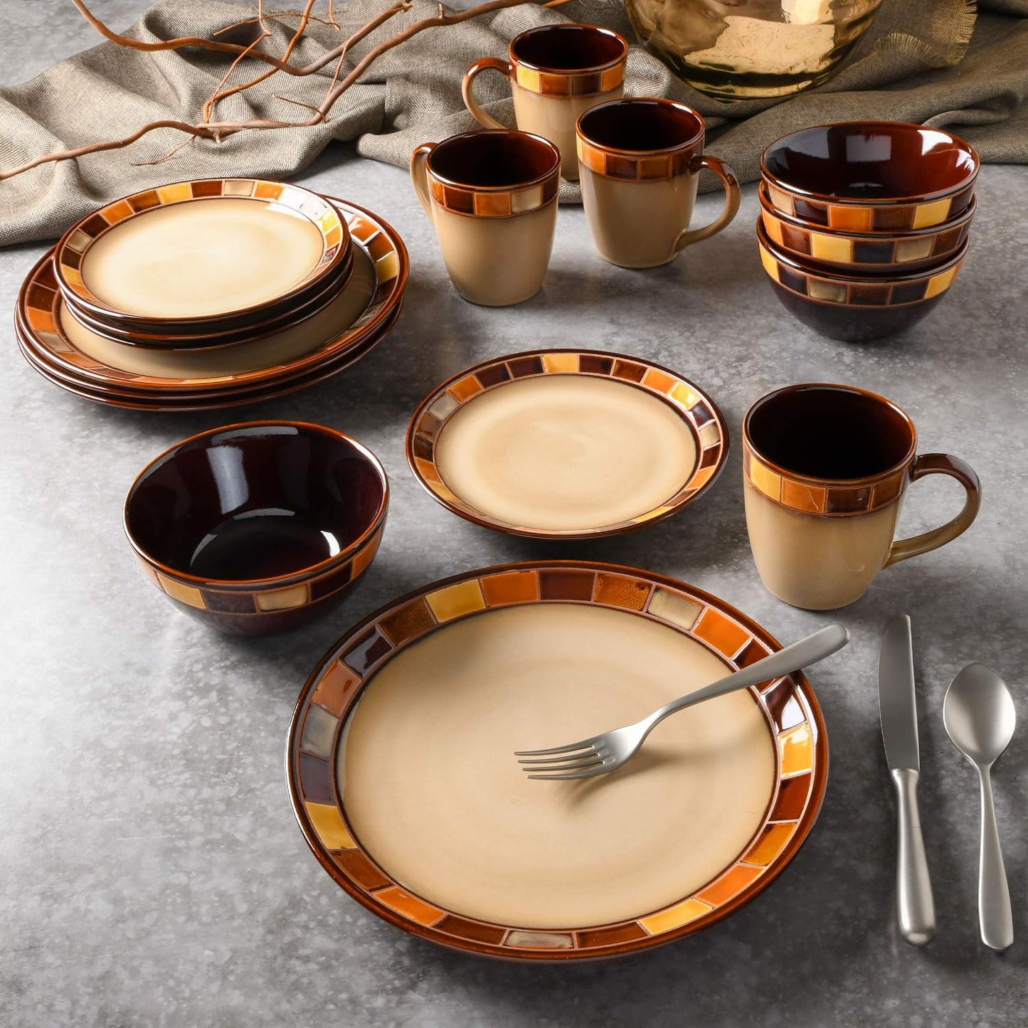 Gibson Casa Estebana 16-Piece Dinnerware Set, Service for 4 – Beige and Brown Stoneware Plates and Bowls