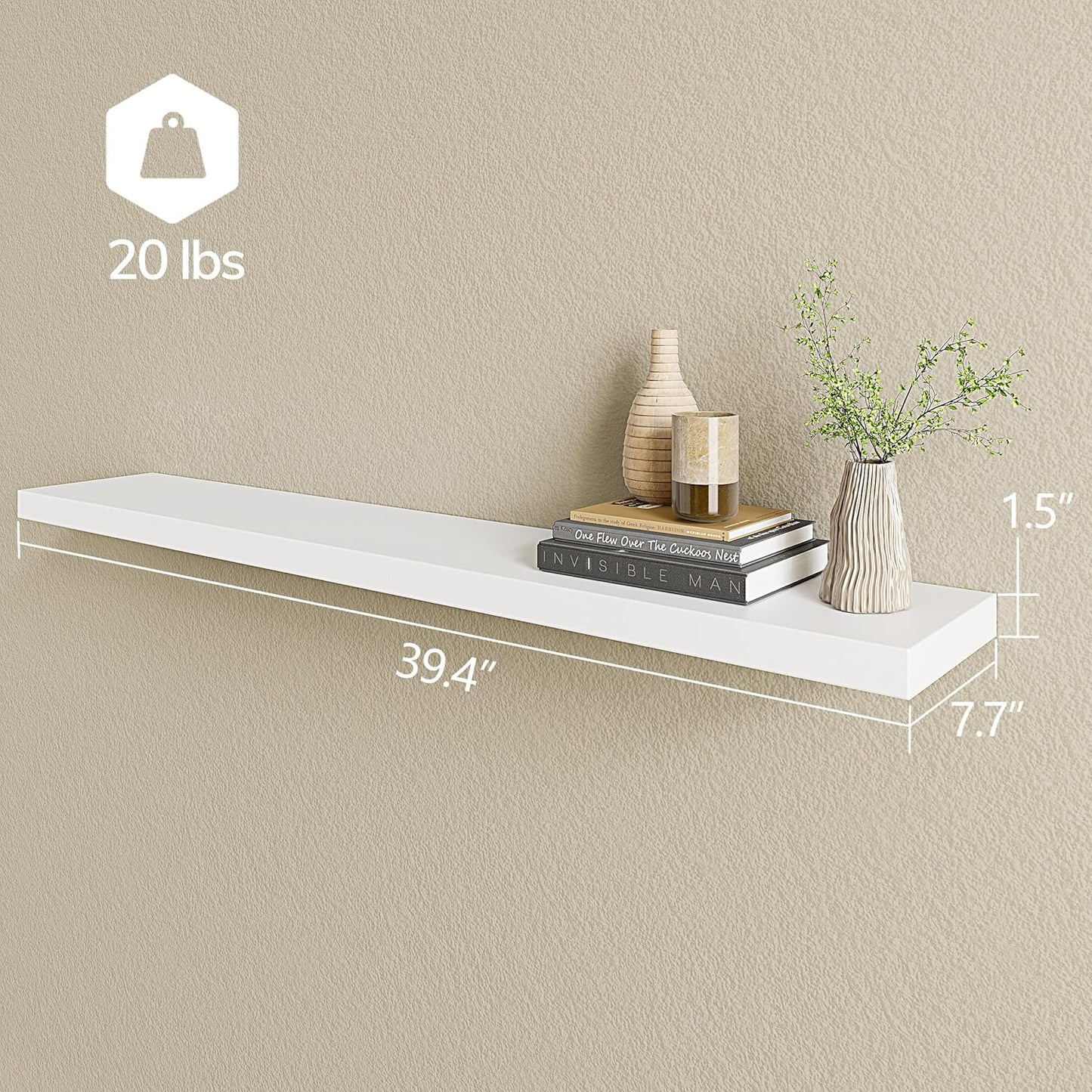BAMEOS Floating Shelves,40 in W x 8in D Wall Mounted Wooden Shelves with Invisible Brackets Set of 2, Hanging Wall Shelves Decoration for Bedroom, Bathroom, Living Room and Kitchen
