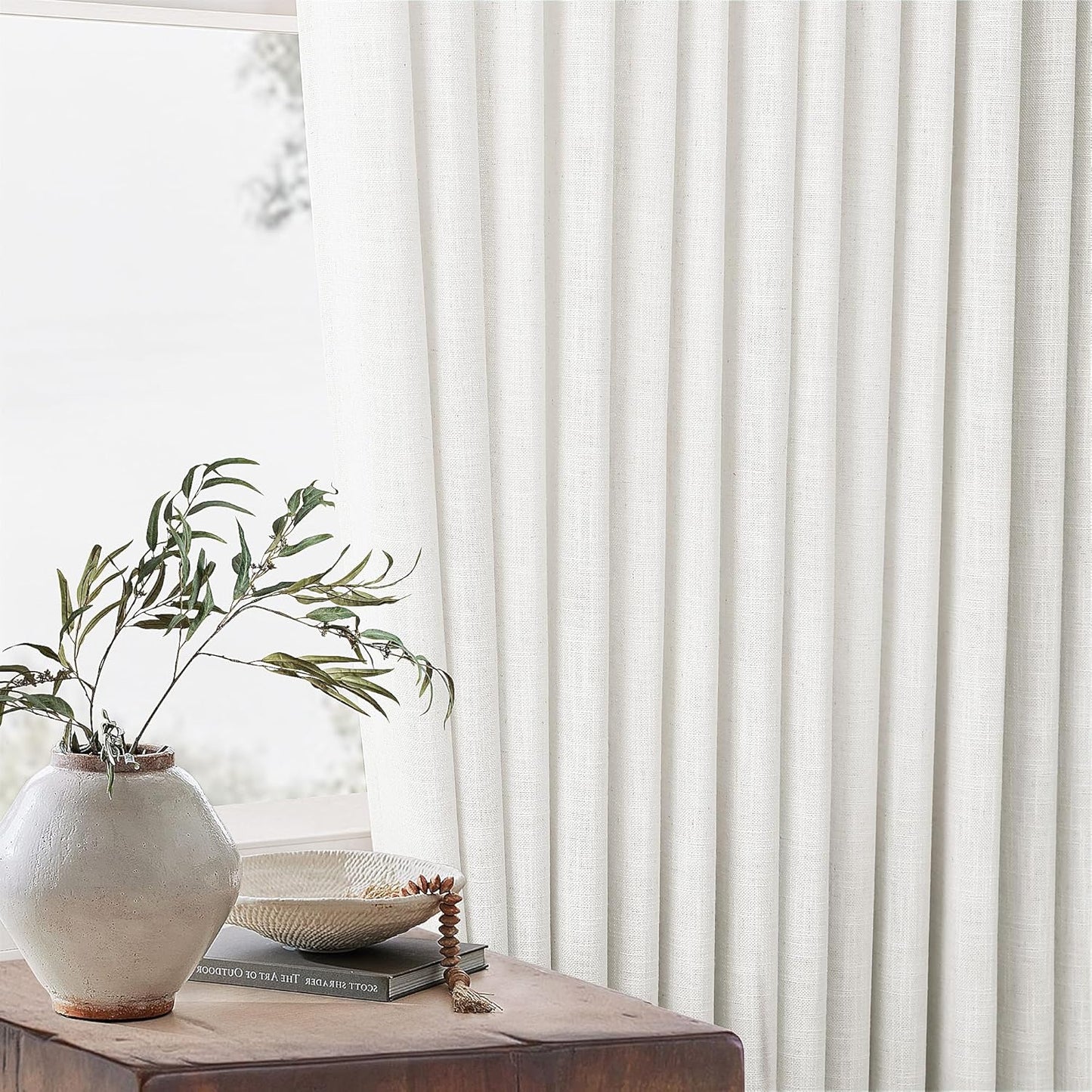 Beige White Linen Curtains Pinch Pleated 84 Inches Long for Living Room Bedroom Pleat with Rings Back Tab Semi Sheer Curtains 84 Inch Length 2 Panels Set Light Filtering Farmhouse Drapes