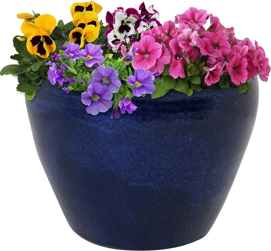 Sunnydaze Chalet Large Ceramic Plant Pot - Round Outdoor Glazed Ceramic Planter Pot with Drainage - Imperial Blue - 14.5"